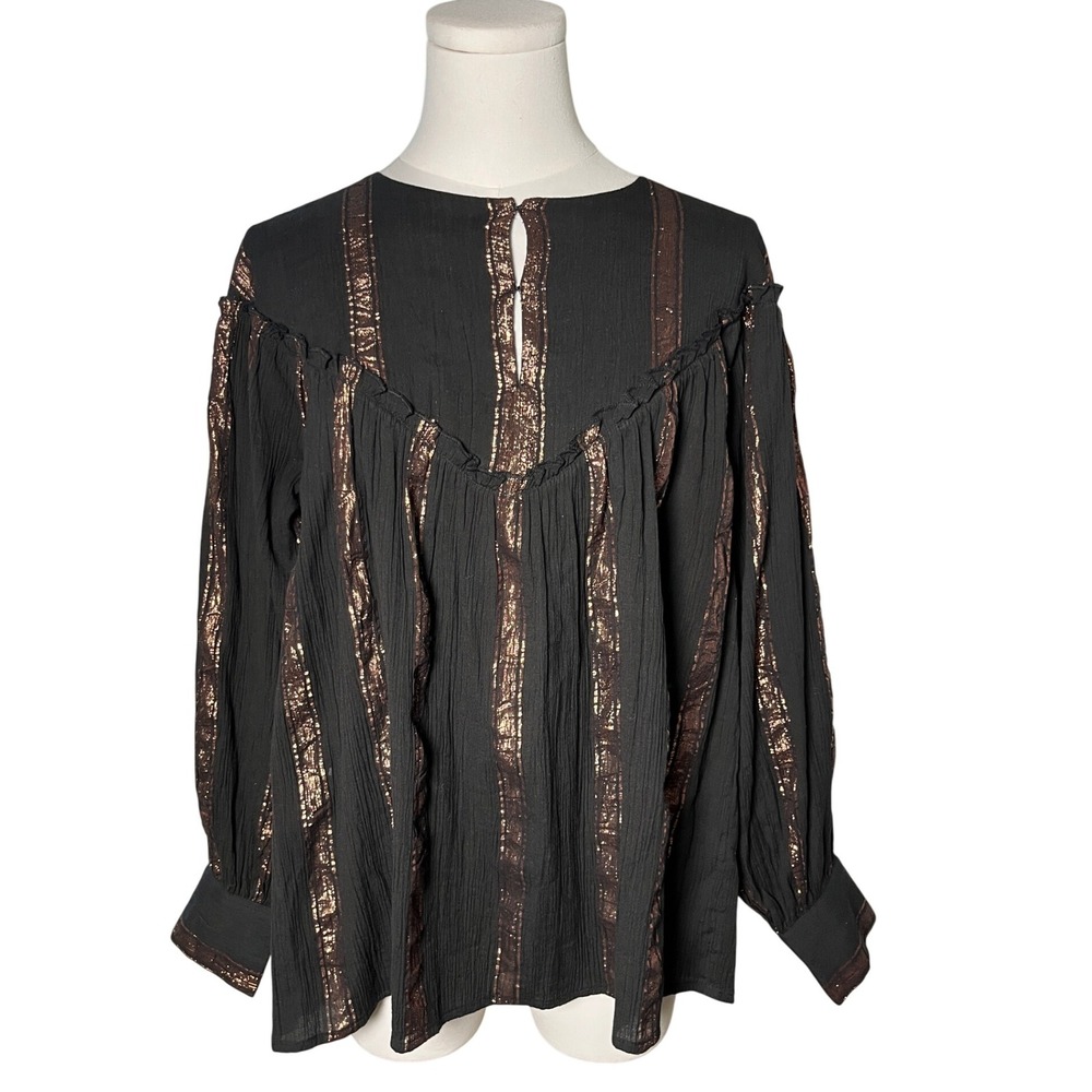 Antik Batik Julia Metallic Stripe Cotton Blouse‎ S/38 Black Bronze